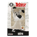 Weiße Idefix-Figur aus Asterix in einer Verpackung mit Comic-Design. Der kleine Hund sitzt und blickt nach vorn.